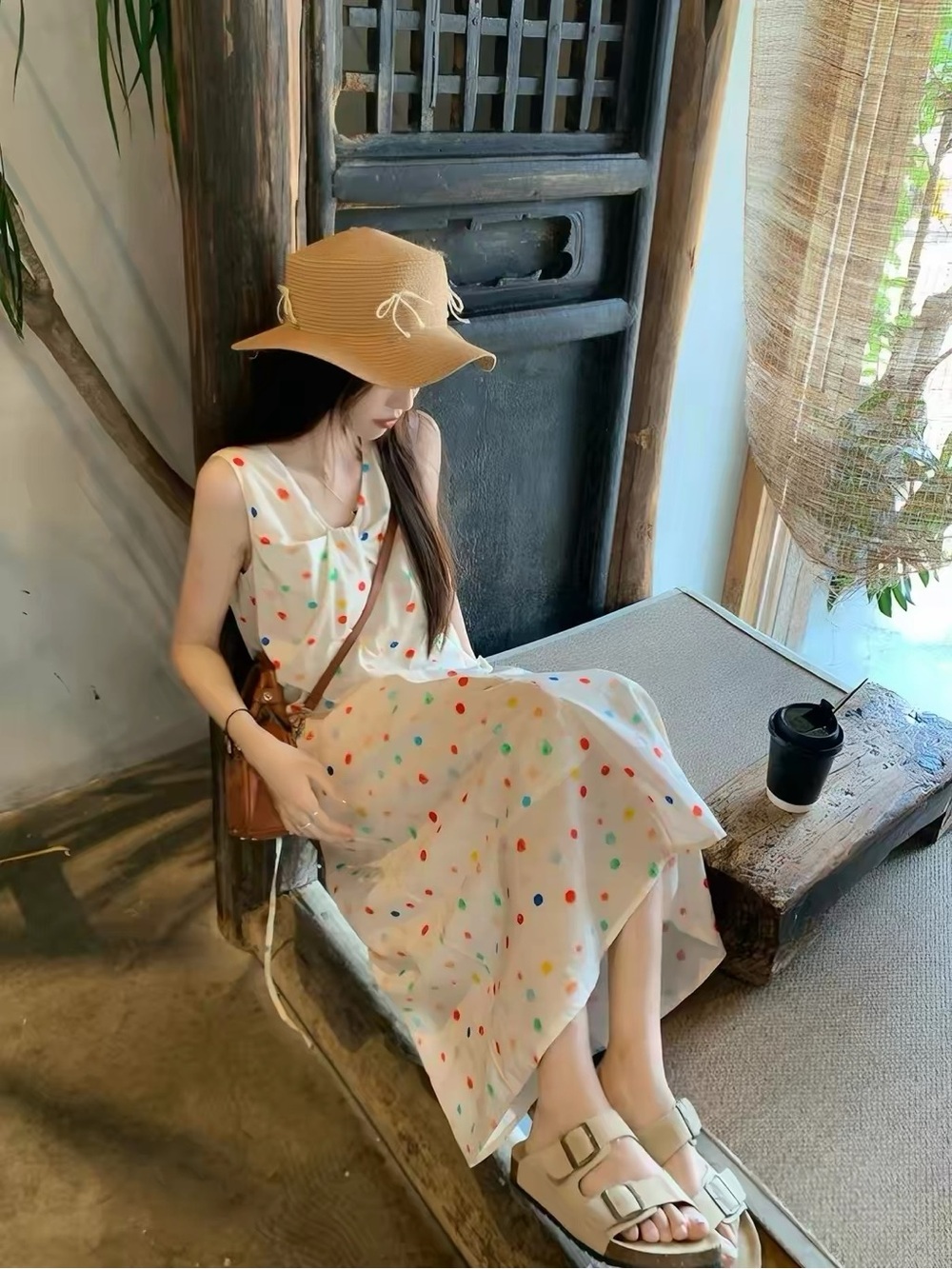 Sleeveless White Polka Dot Maxi Dress by